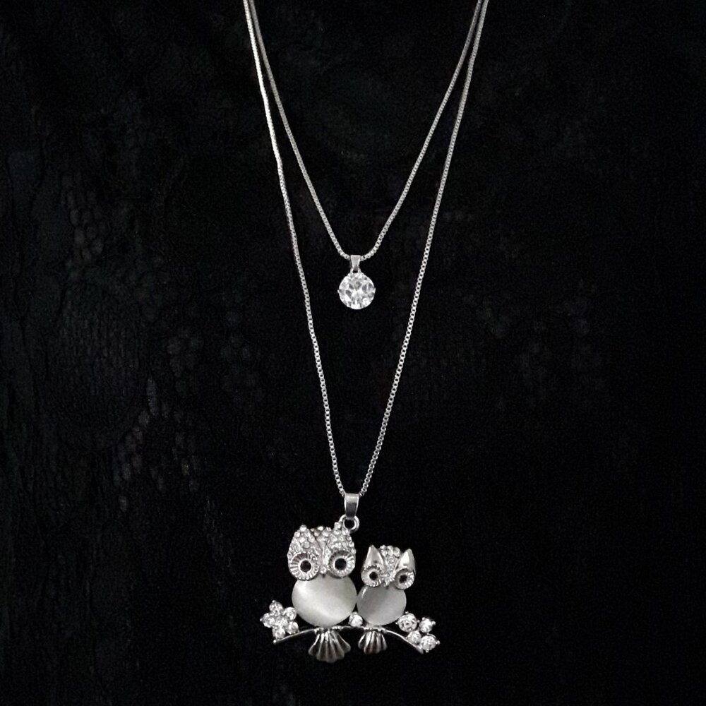 Owl Pendant Necklace Silver Tone Faux Moonstone With Rhinestones